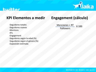 KPI 
Elementos 
a 
medir 
-­‐Seguidores 
totales 
-­‐Seguidores 
nuevos 
-­‐Mentions 
-­‐RTs 
-­‐Engagement 
-­‐Seguidores 
según 
la 
edad 
(%) 
-­‐Seguidores 
según 
el 
género 
(%) 
-­‐Exposición 
estimada 
Engagement 
(cálculo) 
Menciones 
+ 
RT 
Followers 
X 
100 
 