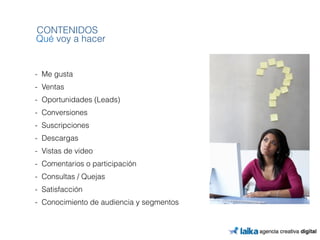 CONTENIDOS 
Qué voy a hacer 
- Me gusta 
- Ventas 
- Oportunidades (Leads) 
- Conversiones 
- Suscripciones 
- Descargas 
- Vistas de video 
- Comentarios o participación 
- Consultas / Quejas 
- Satisfacción 
- Conocimiento de audiencia y segmentos 
 
