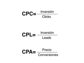 Inversión CPC= 
Clicks 
Inversión CPL= 
Leads 
Precio CPA= 
Conversiones 
 