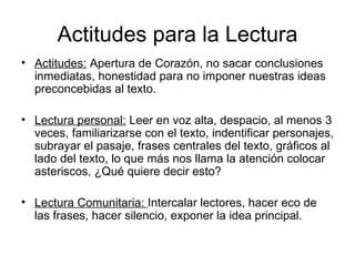 Actitudes para la Lectura
• Actitudes: Apertura de Corazón, no sacar conclusiones
  inmediatas, honestidad para no imponer nuestras ideas
  preconcebidas al texto.

• Lectura personal: Leer en voz alta, despacio, al menos 3
  veces, familiarizarse con el texto, indentificar personajes,
  subrayar el pasaje, frases centrales del texto, gráficos al
  lado del texto, lo que más nos llama la atención colocar
  asteriscos, ¿Qué quiere decir esto?

• Lectura Comunitaria: Intercalar lectores, hacer eco de
  las frases, hacer silencio, exponer la idea principal.
 