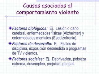 Causas asociadas al comportamiento violento Factores biológicos:   Ej.  Lesión o daño cerebral, enfermedades físicas (Alzheimer) y enfermedades mentales (Esquizofrenia). Factores de desarrollo:   Ej.  Estilos de disciplina, exposición desmedida a programas de TV violentos. Factores sociales:   Ej.  Deprivación, pobreza extrema, desempleo, prejuicio, gangas. 