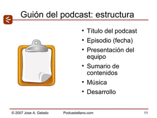 Guión del podcast: estructura Título del podcast Episodio (fecha) Presentación del equipo Sumario de contenidos Música Desarrollo 