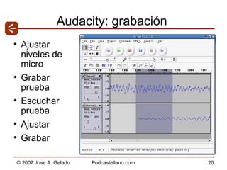 Audacity: grabación Ajustar niveles de micro Grabar prueba Escuchar prueba Ajustar Grabar 