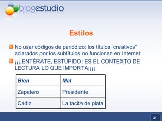 Estilos No usar códigos de periódico: los títulos  creativos” aclarados por los subtítulos no funcionan en Internet: ¡¡¡¡ENTÉRATE, ESTÚPIDO: ES EL CONTEXTO DE LECTURA LO QUE IMPORTA¡¡¡¡  La tacita de plata Cádiz Presidente Zapatero Mal Bien 