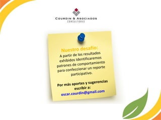 Nuestro desafío: A partir de los resultados exhibidos Identificaremos patrones de comportamiento para confeccionar un reporte participativo. Por más aportes y sugerencias escribir a:  [email_address]   