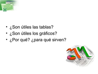 • ¿Son útiles las tablas?
• ¿Son útiles los gráficos?
• ¿Por qué? ¿para qué sirven?

 