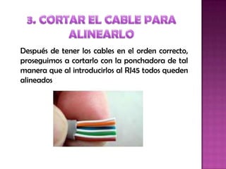 Después de tener los cables en el orden correcto,
proseguimos a cortarlo con la ponchadora de tal
manera que al introducirlos al RJ45 todos queden
alineados
 