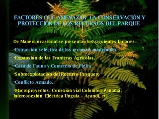 FACTORES QUE AMENAZAN  LA CONSERVACIÓN Y PROTECCIÓN DE LOS RECURSOS DEL PARQUE  <ul><li>De Manera ocasional se presentan l...