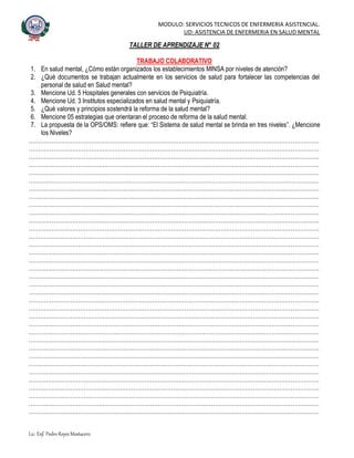 MODULO: SERVICIOS TECNICOS DE ENFERMERIA ASISTENCIAL.
UD: ASISTENCIA DE ENFERMERIA EN SALUD MENTAL
Lic. Enf. Pedro Reyes Mostacero
TALLER DE APRENDIZAJE N° 02
TRABAJO COLABORATIVO
1. En salud mental, ¿Cómo están organizados los establecimientos MINSA por niveles de atención?
2. ¿Qué documentos se trabajan actualmente en los servicios de salud para fortalecer las competencias del
personal de salud en Salud mental?
3. Mencione Ud. 5 Hospitales generales con servicios de Psiquiatría.
4. Mencione Ud. 3 Institutos especializados en salud mental y Psiquiatría.
5. ¿Qué valores y principios sostendrá la reforma de la salud mental?
6. Mencione 05 estrategias que orientaran el proceso de reforma de la salud mental.
7. La propuesta de la OPS/OMS: refiere que: “El Sistema de salud mental se brinda en tres niveles”. ¿Mencione
los Niveles?
………………………………………………………………………………………………………………………………………
………………………………………………………………………………………………………………………………………
………………………………………………………………………………………………………………………………………
………………………………………………………………………………………………………………………………………
………………………………………………………………………………………………………………………………………
………………………………………………………………………………………………………………………………………
………………………………………………………………………………………………………………………………………
………………………………………………………………………………………………………………………………………
………………………………………………………………………………………………………………………………………
………………………………………………………………………………………………………………………………………
………………………………………………………………………………………………………………………………………
………………………………………………………………………………………………………………………………………
………………………………………………………………………………………………………………………………………
………………………………………………………………………………………………………………………………………
………………………………………………………………………………………………………………………………………
………………………………………………………………………………………………………………………………………
………………………………………………………………………………………………………………………………………
………………………………………………………………………………………………………………………………………
………………………………………………………………………………………………………………………………………
………………………………………………………………………………………………………………………………………
………………………………………………………………………………………………………………………………………
………………………………………………………………………………………………………………………………………
………………………………………………………………………………………………………………………………………
………………………………………………………………………………………………………………………………………
………………………………………………………………………………………………………………………………………
………………………………………………………………………………………………………………………………………
………………………………………………………………………………………………………………………………………
………………………………………………………………………………………………………………………………………
………………………………………………………………………………………………………………………………………
………………………………………………………………………………………………………………………………………
………………………………………………………………………………………………………………………………………
………………………………………………………………………………………………………………………………………
………………………………………………………………………………………………………………………………………
………………………………………………………………………………………………………………………………………
………………………………………………………………………………………………………………………………………
 