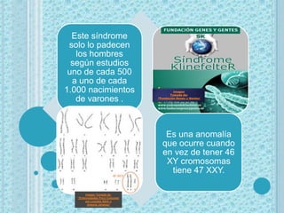 Este síndrome
 solo lo padecen
   los hombres
  según estudios
 uno de cada 500                                             …
  a uno de cada
1.000 nacimientos                        Imagen
                                       Tomada de:

   de varones .                 “Fundación Genes y Gentes”




                                   Es una anomalía
                                  que ocurre cuando
                                  en vez de tener 46
                                   XY cromosomas
                                    tiene 47 XXY.

        Imagen Tomada de:
   “Enfermedades Poco Comunes
        por Lourdes Albín y
         Antonia Jiménez”
 