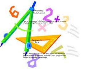 Dimensión 3
              Comunicación



Aquí se busca que el estudiante pueda comunicarse en redes
virtuales con apartes de su creación propia.




            Dimensión 4
               Ética




En esta dimensión se busca que el estudiante use éticamente
los instrumentos tecnológicos de manera física y apoyandose
también en las otras 3 dimensiones.
 