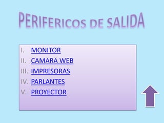 I. MONITOR
II. CAMARA WEB
III. IMPRESORAS
IV. PARLANTES
V. PROYECTOR
 