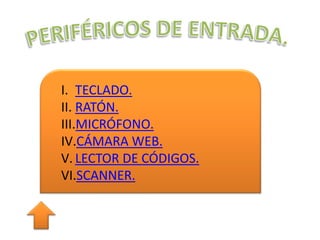 I. TECLADO.
II. RATÓN.
III.MICRÓFONO.
IV.CÁMARA WEB.
V. LECTOR DE CÓDIGOS.
VI.SCANNER.
 