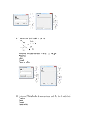 9. Convertir una valor de Gb a Kb, Mb
Problema: convertir un valor de byte a kb, Mb, gb.
Analizar:
Datos
Estrada
Datos de salida
10. 1problem: Calcule la edad de una persona, a partir del año de nacimiento
Analizar:
Datos
Entrada
Datos salida
 