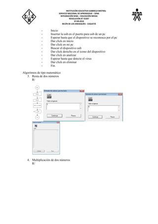 INSTITUCIÓN EDUCATIVA GABRIELA MISTRAL
SERVICIO NACIONAL DE APRENDIZAJE – SENA
INTEGRACIÓN SENA – EDUCACIÓN MEDIA
RESOLUCIÓN N° 01047
07:09:2010
BELÉN DE LOS ANDAQUÍES - CAQUETÁ
- Inicio
- Insertar la usb en el puerto para usb de un pc
- Esperar hasta que el dispositivo se reconosca por el pc
- Dar click en inicio
- Dar click en mi pc
- Buscar el dispositivo usb
- Dar click derecho en el icono del dispositivo
- Dar click en analizar
- Esperar hasta que detecte el virus
- Dar click en eliminar
- Fin.
Algoritmos de tipo matemático
3. Resta de dos números
R/
4. Multiplicación de dos números
R/
 