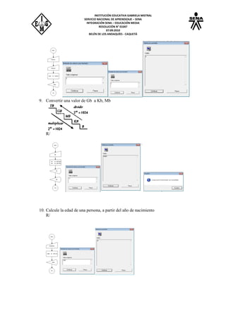 INSTITUCIÓN EDUCATIVA GABRIELA MISTRAL
SERVICIO NACIONAL DE APRENDIZAJE – SENA
INTEGRACIÓN SENA – EDUCACIÓN MEDIA
RESOLUCIÓN N° 01047
07:09:2010
BELÉN DE LOS ANDAQUÍES - CAQUETÁ
9. Convertir una valor de Gb a Kb, Mb
R/
10. Calcule la edad de una persona, a partir del año de nacimiento
R/
 