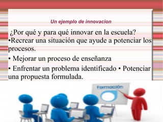 Un ejemplo de innovacion
¿Por qué y para qué innovar en la escuela?
•Recrear una situación que ayude a potenciar los
procesos.
• Mejorar un proceso de enseñanza
• Enfrentar un problema identificado • Potenciar
una propuesta formulada.
 