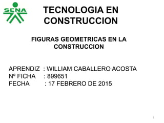 TECNOLOGIA EN
CONSTRUCCION
FIGURAS GEOMETRICAS EN LA
CONSTRUCCION
APRENDIZ : WILLIAM CABALLERO ACOSTA
Nº FICHA : 899651
FECHA : 17 FEBRERO DE 2015
1
 
