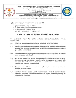 ESCUELA NORMAL SUPERIOR DE VILLAVICENCIO EN CONVENIO CON LA INSTITUCIÓN
EDUCATIVA RURAL DE VANGUARDIA
PROGRAMA DE FORMACIÓN COMPLEMENTARIA DE EDUCADORES
PRÁCTICA PEDAGÓGICA INVESTIGATIVA RURAL
III SEMESTRE
TALLER DE ESCUELA NUEVA
Coordinador Práctica rural: Mg. Saúl Romero Morales.
Docentes acompañantes: Adriana Casallas, Margarita Lombana, Nuri Cruz
Docentes en formación:
Anyi Lorena Rueda Gómez, Ángela María Daza, María Paula Hernández
¿Qué seres vivos y no vivos encuentro en mi escuela?
 ¿Qué son seres vivos y no vivos?
 ¿Cuál es la función de un ser vivo y no vivo?
 ¿Por qué existen los seres vivos?
 ¿de qué viven los seres vivos y no vivos?
5. ESTUDIO Y ANALISIS DE LAS SITUACIONES PROBLEMICAS
De acuerdo con los desempeños previstos en el plan académico, los estudiantes centraran
su atención en:
5.1. ¿Cómo se adaptan los seres vivos en la naturaleza y como se cuidan?
5.2. Identifico las características de los seres vivos y no vivos por medio de expresiones
artísticas que permitan cuidar y respetar el medio ambiente y seres vivos y no vivos
que habitan en mi entorno
5.3. ¿Qué valores debo fundamentar en mi persona para convivir con otros seres vivos
como parte de la naturaleza?
5.4. Vinculo la posibilidad de construir una capacidad profundamente humana de sentir,
conmoverme, expresar, valorar y transformar las percepciones con respecto a la
naturaleza. Asociando los seres vivos y no vivos que encontré en la naturaleza, con
los seres que hay en mi casa y escuela.
5.5. Compromiso que debo asumir en mi escuela y la casa para vivir en armonía con los
animales en la naturaleza.
5.6. Manifiesto el interés hacia el cuidado de la naturaleza a través de las manualidades
y Expreso emociones y sentimientos frente a los objetos, animales, plantas y las
personas que me rodean.
 