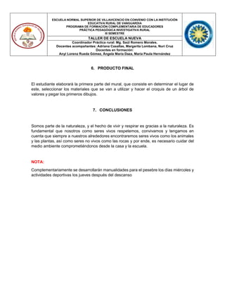 ESCUELA NORMAL SUPERIOR DE VILLAVICENCIO EN CONVENIO CON LA INSTITUCIÓN
EDUCATIVA RURAL DE VANGUARDIA
PROGRAMA DE FORMACIÓN COMPLEMENTARIA DE EDUCADORES
PRÁCTICA PEDAGÓGICA INVESTIGATIVA RURAL
III SEMESTRE
TALLER DE ESCUELA NUEVA
Coordinador Práctica rural: Mg. Saúl Romero Morales.
Docentes acompañantes: Adriana Casallas, Margarita Lombana, Nuri Cruz
Docentes en formación:
Anyi Lorena Rueda Gómez, Ángela María Daza, María Paula Hernández
6. PRODUCTO FINAL
El estudiante elaborará la primera parte del mural, que consiste en determinar el lugar de
este, seleccionar los materiales que se van a utilizar y hacer el croquis de un árbol de
valores y pegar los primeros dibujos.
7. CONCLUSIONES
Somos parte de la naturaleza, y el hecho de vivir y respirar es gracias a la naturaleza. Es
fundamental que nosotros como seres vivos respetemos, convivamos y tengamos en
cuenta que siempre a nuestros alrededores encontraremos seres vivos como los animales
y las plantas, así como seres no vivos como las rocas y por ende, es necesario cuidar del
medio ambiente comprometiéndonos desde la casa y la escuela.
NOTA:
Complementariamente se desarrollarán manualidades para el pesebre los días miércoles y
actividades deportivas los jueves después del descanso
 