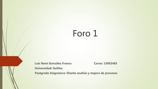 Foro 1
Luis René González Franco Carne: 15003485
Universidad: Galileo
Postgrado Asignatura: Diseño analisis y mejora de procesos
 
