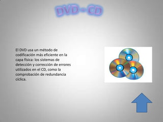 El DVD usa un método de
codificación más eficiente en la
capa física: los sistemas de
detección y corrección de errores
utilizados en el CD, como la
comprobación de redundancia
cíclica.
 