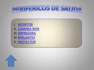 I. MONITOR
II. CAMARA WEB
III.IMPRESORA
IV.PARLANTES
V. PROYECTOR
 
