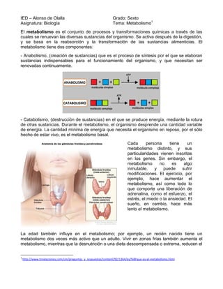 IED – Alonso de Olalla
Asignatura: Biología
Grado: Sexto
Tema: Metabolismo1
El metabolismo es el conjunto de procesos y tr...