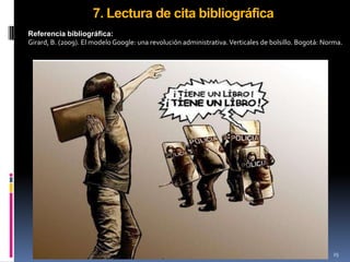 7. Lectura de cita bibliográfica
Referencia bibliográfica:
Girard, B. (2009). El modelo Google: una revolución administrativa. Verticales de bolsillo. Bogotá: Norma.




                                                                                                      25
 