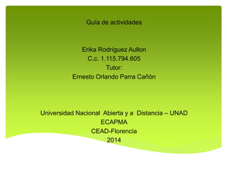 Guía de actividades
Erika Rodríguez Aullon
C.c. 1.115.794.605
Tutor:
Ernesto Orlando Parra Cañón
Universidad Nacional Abierta y a Distancia – UNAD
ECAPMA
CEAD-Florencia
2014
 