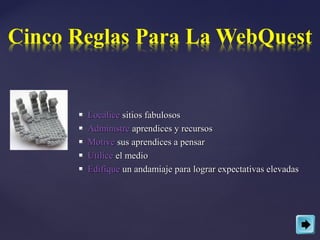    Localice sitios fabulosos
   Administre aprendices y recursos
   Motive sus aprendices a pensar
   Utilice el medio
   Edifique un andamiaje para lograr expectativas elevadas
 