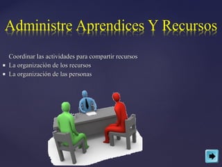 Coordinar las actividades para compartir recursos
   La organización de los recursos
   La organización de las personas
 