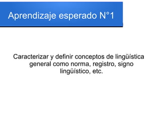Aprendizaje esperado N°1
Caracterizar y definir conceptos de lingüística
general como norma, registro, signo
lingüístico, etc.
 