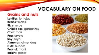 VOCABULARY ON FOOD
Grains and nuts
Lentiles: lentejas
Beans: frijoles
Rice: arroz
Chickpeas: garbanzos
Corn: maíz
Pea: arveja
Soy: soya
Almonds: almendras
Nuts: nueces
Peanut: mani
Raisins: pasas
 