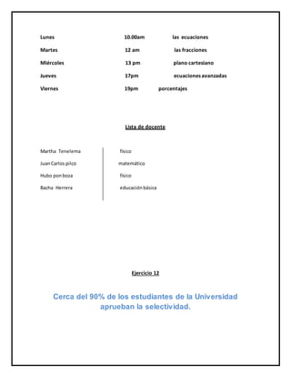 Lunes 10.00am las ecuaciones
Martes 12 am las fracciones
Miércoles 13 pm plano cartesiano
Jueves 17pm ecuaciones avanzadas
Viernes 19pm porcentajes
Lista de docente
Martha Tenelema físico
JuanCarlos pilco matemático
Hubo ponboza físico
Bacha Herrera educaciónbásica
Ejercicio 12
Cerca del 90% de los estudiantes de la Universidad
aprueban la selectividad.
 