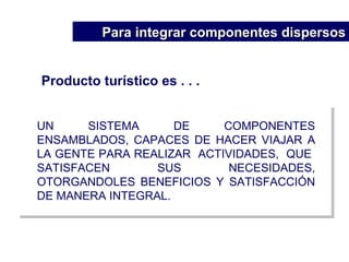 Producto turístico es . . . Para integrar componentes dispersos UN SISTEMA DE COMPONENTES ENSAMBLADOS, CAPACES DE HACER VIAJAR A LA GENTE PARA REALIZAR  ACTIVIDADES,  QUE  SATISFACEN SUS NECESIDADES, OTORGANDOLES BENEFICIOS Y SATISFACCIÓN DE MANERA INTEGRAL. 