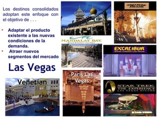 Adaptar el producto existente a las nuevas condiciones de la demanda. Atraer nuevos segmentos del mercado  Los destinos consolidados adoptan este enfoque con el objetivo de . . . Las Vegas Venetian Paris Las Vegas 