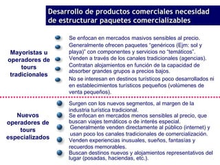 Nuevos operadores de tours especializados Buscan destinos nuevos y alojamientos representativos del lugar (posadas, haciendas, etc.). Venden experiencias inusuales, sueños, fantasías y recuerdos memorables. Mayoristas u operadores de tours tradicionales Contratan alojamientos en función de la capacidad de absorber grandes grupos a precios bajos. No se interesan en destinos turísticos poco desarrollados ni en establecimientos turísticos pequeños (volúmenes de venta pequeños). Generalmente ofrecen paquetes “genéricos (Ejm: sol y playa)” con componentes y servicios no “temáticos”. Se enfocan en mercados menos sensibles al precio, que buscan viajes temáticos o de interés especial. Se enfocan en mercados masivos sensibles al precio. Generalmente venden directamente al público (internet) y usan poco los canales tradicionales de comercialización. Surgen con los nuevos segmentos, al margen de la industria turística tradicional. Venden a través de los canales tradicionales (agencias). Desarrollo de productos comerciales necesidad de estructurar paquetes comercializables 