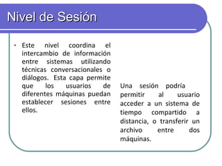 Nivel de Sesión   Este nivel coordina el intercambio de información entre sistemas utilizando técnicas conversacionales o diálogos.  Esta capa permite que los usuarios de diferentes máquinas puedan establecer sesiones entre ellos.   Una sesión podría  permitir al usuario acceder a un sistema de tiempo compartido a distancia, o transferir un archivo entre dos máquinas. 