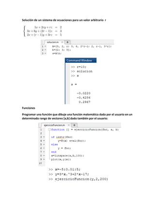 Solución de un sistema de ecuaciones para un valor arbitrario r
Funciones
Programar una función que dibuje una función matemática dada por el usuario en un
determinado rango de vectores [a,b] dado también por el usuario:
 