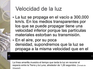 Velocidad de la luz
 La luz se propaga en el vacío a 300,000
  km/s. En los medios transparentes por
  los que se puede propagar tiene una
  velocidad inferior porque las partículas
  materiales estorban su transmisión.
 En el aire, por su poca
  densidad, supondremos que la luz se
  propaga a la misma velocidad que en el
  vacío.

La línea amarilla muestra el tiempo que tarda la luz en recorrer el
espacio entre la Tierra y la Luna, alrededor de 1,26 segundos. (Tomado de
Wikipedia).
 