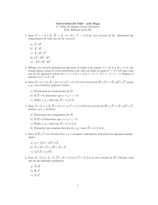 Universidad del Valle - sede Buga
                              1er Taller de Algebra Lineal (Vectores)
                                      Prof. Bladimir Lenis Gil

1. Sean A = (−2, 1, 7), B = (4, −3, −3) y C = (1, 0, 6) tres vectores de                   . Determine las
   componentes de cada uno de los vectores:

     a) A +B
     b) A −B
     c) A +B −C
     d) 5A −3B −2C
     e) −2A +B −3C

2. Dibujar los vectores geom´tricos que unen al origen a los puntos A = (2, 1) y B = (1, 3). En
                              e
   misma ﬁgura, trazar el vector geom´trico que unen el origen al punto C = A + tB para cada
                                         e
   uno de los siguientes valores de t : t = 1/2; t = 3/4; t = 1; t = 2; t = −1; t = −2. Repetir lo
   anterior si C = tA + B
                                                                         4
3. Sean A = (1, 1, 1), B = (0, 1, 1) y C = (1, 1, 0) tres vectores de        y D = xA + y B + z C, donde
   x, y, z son escalares (n´meros reales).
                           u

     a) Determinar las componentes de D.
     b) Si D = 0, demostrar que x = y = z = 0.
     c) Hallar x, y, z tales que D = (1, 2, 3).
                                                                                4
4. Sean A = (1, 1, 1, 0); B = (0, 1, 1, 1); C = (1, 1, 0, 0) tres vectores de       , y D = xA + y B + z C,
   siendo x, y y z escalares.

     a) Determinar las componentes de D.
     b) Si D = 0 demostrar que x = y = z = 0
     c) Hallar x, y, z tales que D = (1, 5, 3, 4).
     d) Demostrar que ninguna elecci´n de x, y, z hace D = (1, 2, 3, 4).
                                    o

5. Sean A, B y C tres vectores de y α y β escalares cualesquiera. demostrar las siguientes propie-
   dades.

     a) (α + β)A = αA + β A
     b) A + (B + C) = (B + A) + C
     c) (αβ)A = α(β A)
                                                                                          4
6. Sean A = (1, 0, −3, −1), B = (0, −1, 0, 4) y C = (1, 2, 3, 4) tres vectores de             . Calcular cada
   uno de los siguientes productos:

     a) A B
     b) B C
     c) A C


                                                     1
 