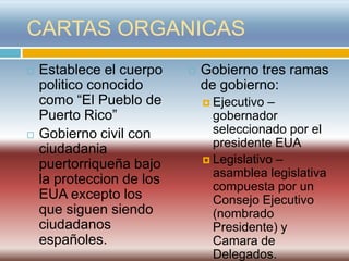 CARTAS ORGANICAS
   Establece el cuerpo       Gobierno tres ramas
    politico conocido          de gobierno:
    como “El Pueblo de          Ejecutivo –
    Puerto Rico”                 gobernador
   Gobierno civil con           seleccionado por el
                                 presidente EUA
    ciudadania
                                Legislativo –
    puertorriqueña bajo
                                 asamblea legislativa
    la proteccion de los         compuesta por un
    EUA excepto los              Consejo Ejecutivo
    que siguen siendo            (nombrado
    ciudadanos                   Presidente) y
    españoles.                   Camara de
                                 Delegados.
 