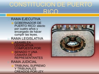 CONSTITUCION DE PUERTO
         RICO
   RAMA EJECUTIVA
       GOBERNADOR DE
        PUERTO RICO: electo
        por cuatro años y
        encargado de hacer
        cumplir las leyes.
   RAMA LEGISLATIVA
       ASAMBLEA
        LEGISLATIVA
        COMPUESTA POR:
       SENADO Y UNA
        CAMARA DE
        REPRESENTANTES
   RAMA JUDICIAL
       TRIBUNAL SUPREMO
        Y TRIBUNALES
        CREADOS POR LEY.
 