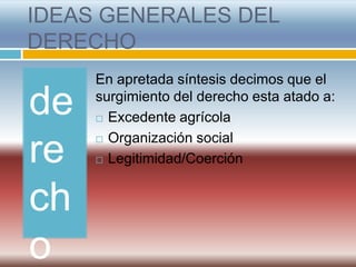 IDEAS GENERALES DEL
DERECHO
     En apretada síntesis decimos que el

de   surgimiento del derecho esta atado a:
      Excedente agrícola

      Organización social

re    Legitimidad/Coerción




ch
o
 