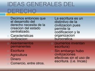 IDEAS GENERALES DEL
DERECHO
   Decimos entonces que        La escritura es un
    el desarrollo del            distintivo de la
    derecho necesita de la       civilizacion pues
    creacion del estado          permite la
    centralizado.                codificacion y la
   Caracteristicas              organizacion
    civilizacion:                burocratica.
   Asentamientos               (sumerios inventan
    permanentes                  escritura)
   Escritura                   Sin embargo hubo
   Agricultura                  civilizaciones
   Dinero                       efectivas sin el uso de
                                 escritura. (i.e. Incas)
   Comercio, entre otros.
 
