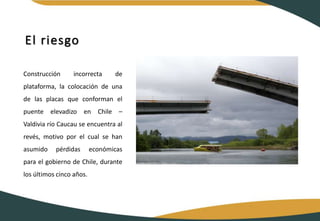 El riesgo
Construcción incorrecta de
plataforma, la colocación de una
de las placas que conforman el
puente elevadizo en Chile –
Valdivia río Caucau se encuentra al
revés, motivo por el cual se han
asumido pérdidas económicas
para el gobierno de Chile, durante
los últimos cinco años.
 