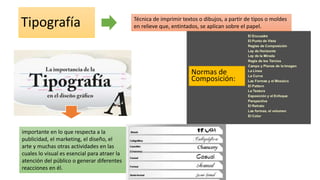 Tipografía Técnica de imprimir textos o dibujos, a partir de tipos o moldes
en relieve que, entintados, se aplican sobre el papel.
Normas de
Composición:
importante en lo que respecta a la
publicidad, el marketing, el diseño, el
arte y muchas otras actividades en las
cuales lo visual es esencial para atraer la
atención del público o generar diferentes
reacciones en él.
 