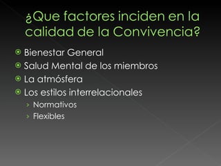 Bienestar General Salud Mental de los miembros La atmósfera Los estilos interrelacionales Normativos Flexibles 