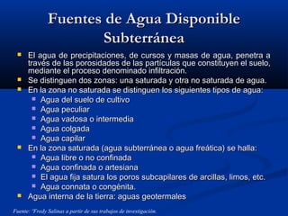 Fuentes de Agua DisponibleFuentes de Agua Disponible
SubterráneaSubterránea
 El agua de precipitaciones, de cursos y masas de agua, penetra aEl agua de precipitaciones, de cursos y masas de agua, penetra a
través de las porosidades de las partículas que constituyen el suelo,través de las porosidades de las partículas que constituyen el suelo,
mediante el proceso denominado infiltración.mediante el proceso denominado infiltración.
 Se distinguen dos zonas: una saturada y otra no saturada de agua.Se distinguen dos zonas: una saturada y otra no saturada de agua.
 En la zona no saturada se distinguen los siguientes tipos de agua:En la zona no saturada se distinguen los siguientes tipos de agua:
 Agua del suelo de cultivoAgua del suelo de cultivo
 Agua peculiarAgua peculiar
 Agua vadosa o intermediaAgua vadosa o intermedia
 Agua colgadaAgua colgada
 Agua capilarAgua capilar
 En la zona saturada (agua subterránea o agua freática) se halla:En la zona saturada (agua subterránea o agua freática) se halla:
 Agua libre o no confinadaAgua libre o no confinada
 Agua confinada o artesianaAgua confinada o artesiana
 El agua fija satura los poros subcapilares de arcillas, limos, etc.El agua fija satura los poros subcapilares de arcillas, limos, etc.
 Agua connata o congénita.Agua connata o congénita.
 Agua interna de la tierra: aguas geotermalesAgua interna de la tierra: aguas geotermales
Fuente: ºFredy Salinas a partir de sus trabajos de investigación.
 